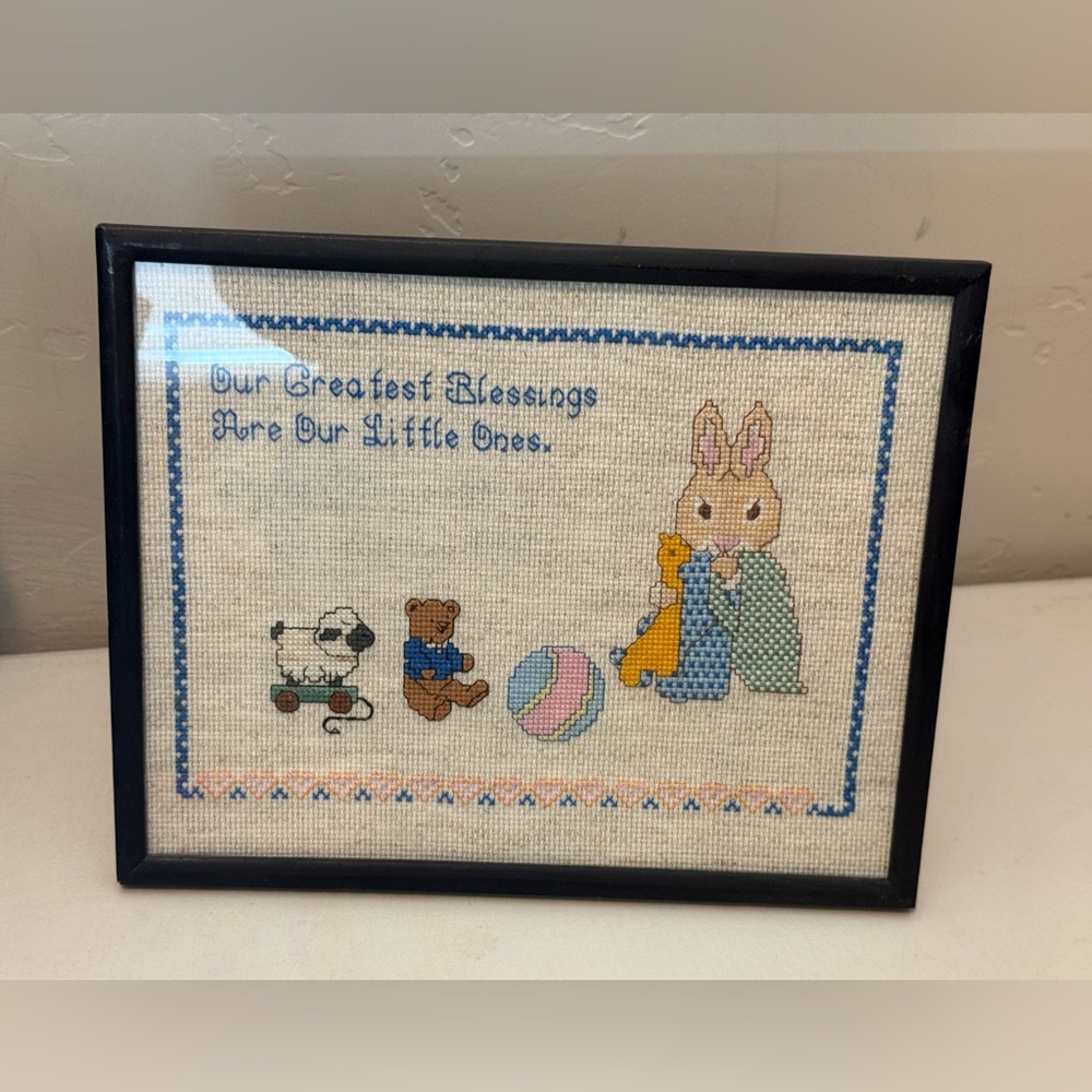 Vintage Framed Cross Stitch Bunny Little Ones Blessing Needlepoint 8.5” x 10”